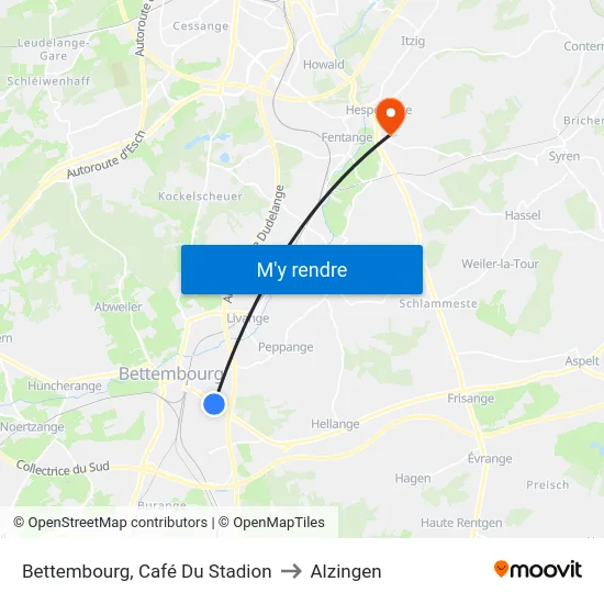 Bettembourg, Café Du Stadion to Alzingen map
