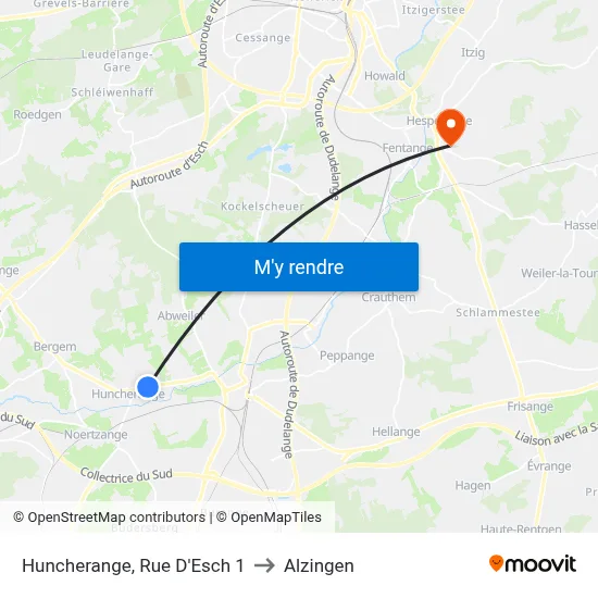 Huncherange, Rue D'Esch 1 to Alzingen map