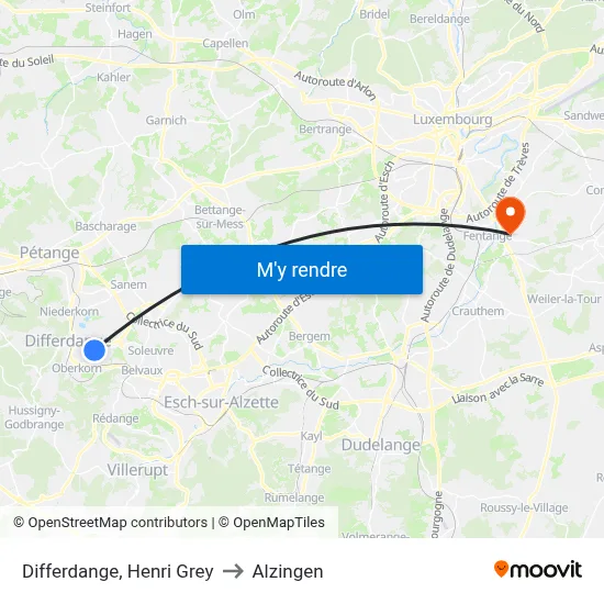 Differdange, Henri Grey to Alzingen map