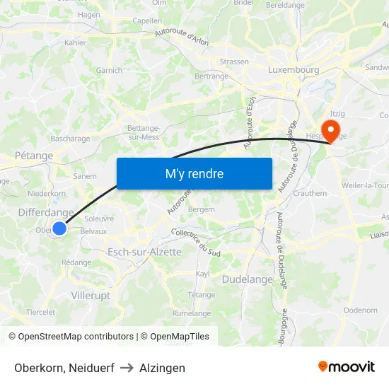 Oberkorn, Neiduerf to Alzingen map
