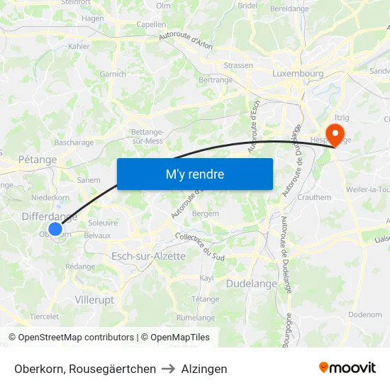 Oberkorn, Rousegäertchen to Alzingen map