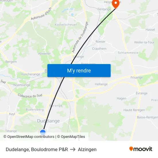 Dudelange, Boulodrome P&R to Alzingen map
