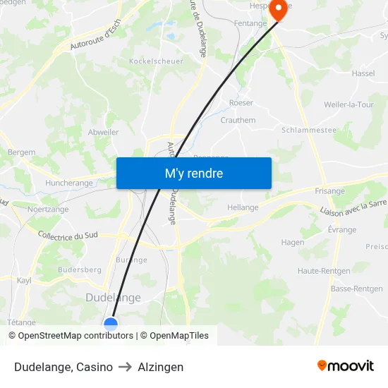 Dudelange, Casino to Alzingen map