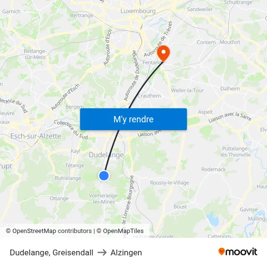Dudelange, Greisendall to Alzingen map