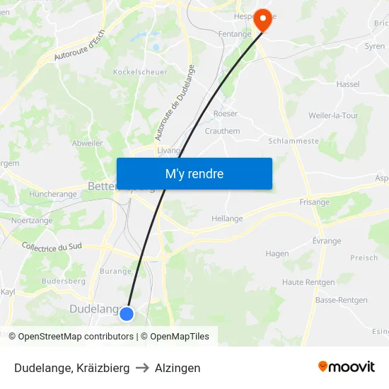 Dudelange, Kräizbierg to Alzingen map