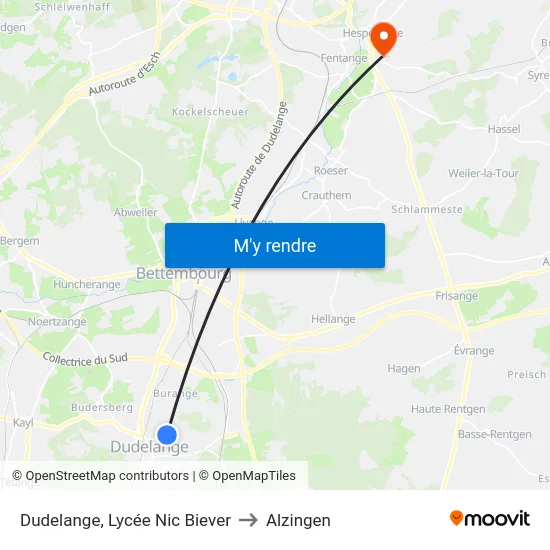 Dudelange, Lycée Nic Biever to Alzingen map