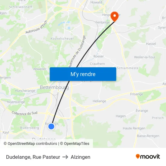 Dudelange, Rue Pasteur to Alzingen map