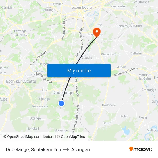 Dudelange, Schlakemillen to Alzingen map