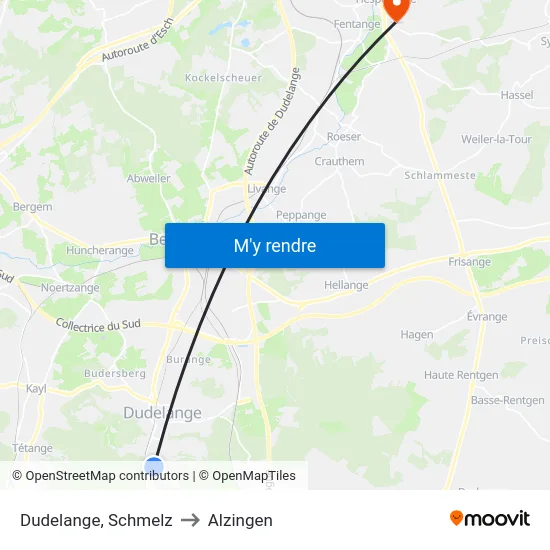 Dudelange, Schmelz to Alzingen map
