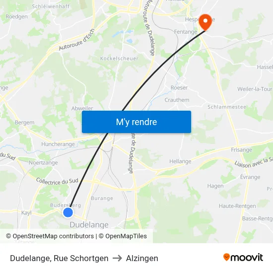 Dudelange, Rue Schortgen to Alzingen map