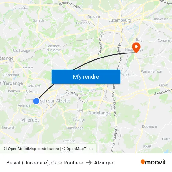 Belval (Université), Gare Routière to Alzingen map