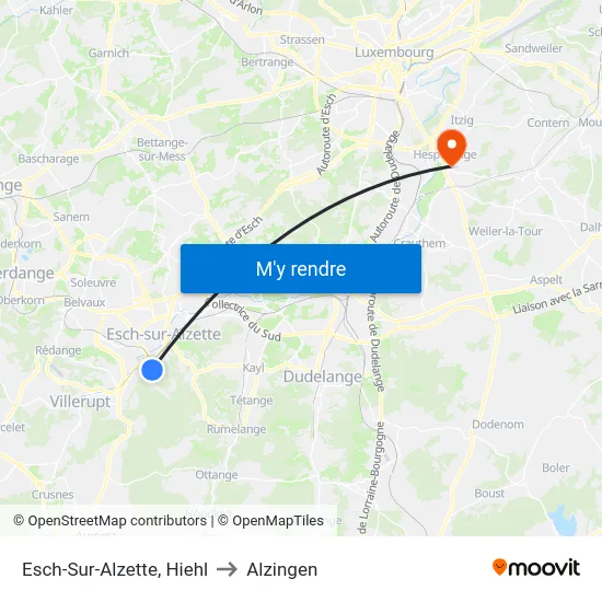 Esch-Sur-Alzette, Hiehl to Alzingen map