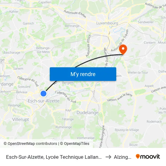 Esch-Sur-Alzette, Lycée Technique Lallange to Alzingen map