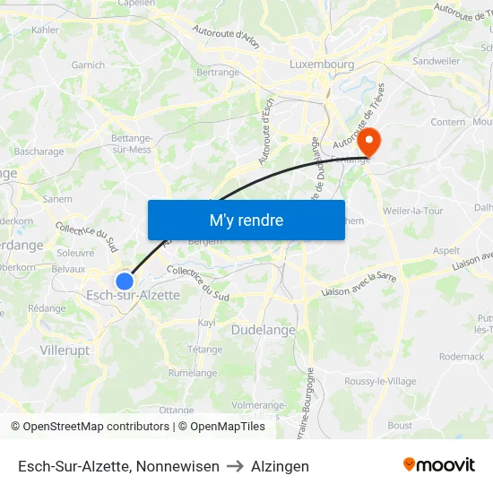 Esch-Sur-Alzette, Nonnewisen to Alzingen map