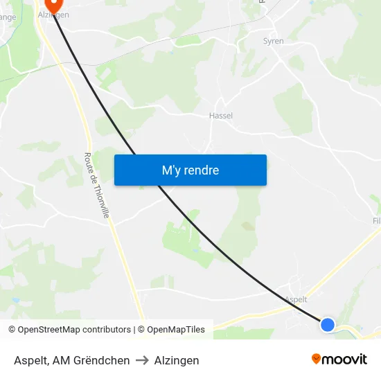 Aspelt, AM Grëndchen to Alzingen map