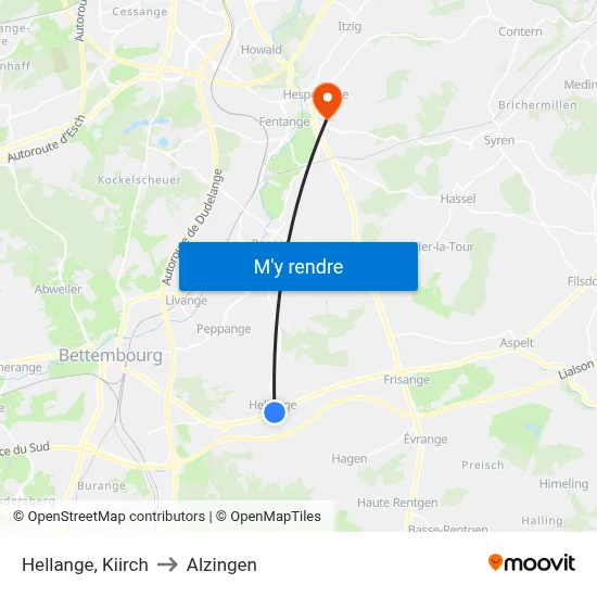 Hellange, Kiirch to Alzingen map