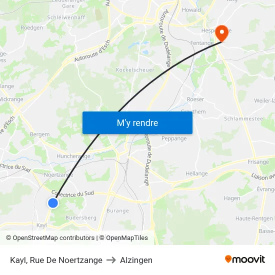 Kayl, Rue De Noertzange to Alzingen map