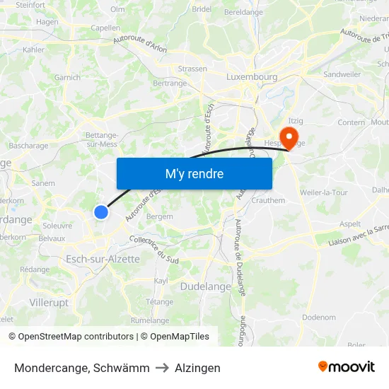 Mondercange, Schwämm to Alzingen map