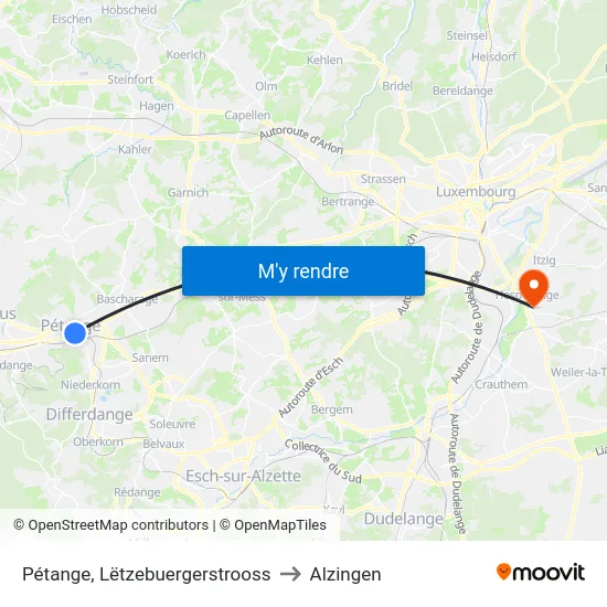Pétange, Lëtzebuergerstrooss to Alzingen map