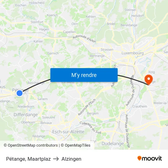 Pétange, Maartplaz to Alzingen map