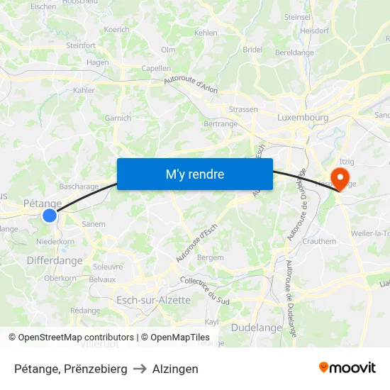 Pétange, Prënzebierg to Alzingen map