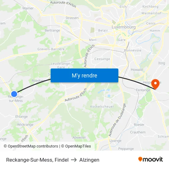 Reckange-Sur-Mess, Findel to Alzingen map