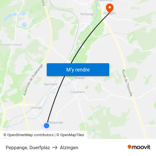 Peppange, Duerfplaz to Alzingen map