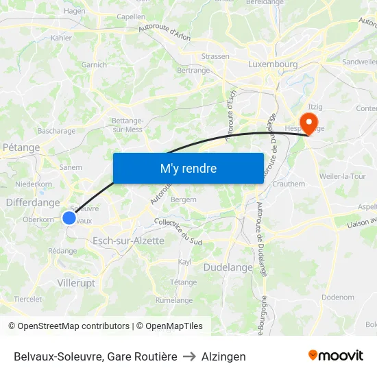 Belvaux-Soleuvre, Gare Routière to Alzingen map