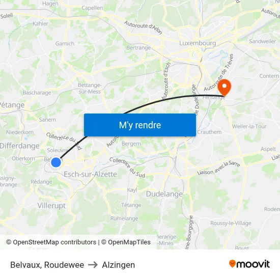 Belvaux, Roudewee to Alzingen map