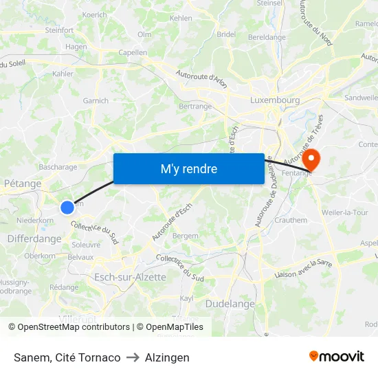 Sanem, Cité Tornaco to Alzingen map