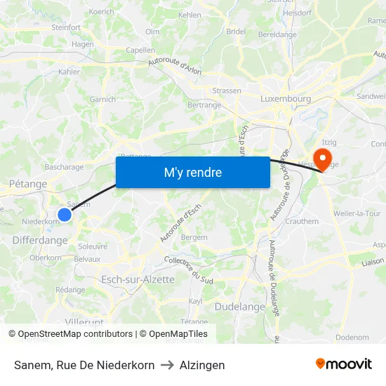 Sanem, Rue De Niederkorn to Alzingen map