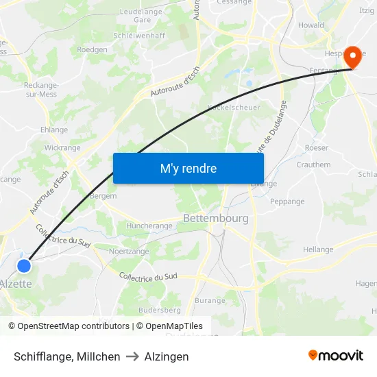 Schifflange, Millchen to Alzingen map