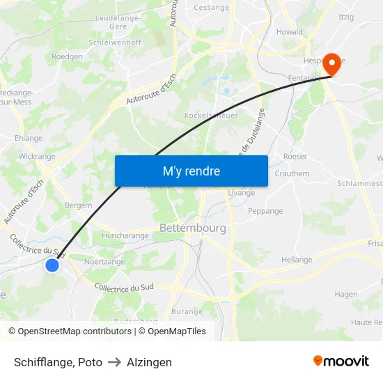Schifflange, Poto to Alzingen map