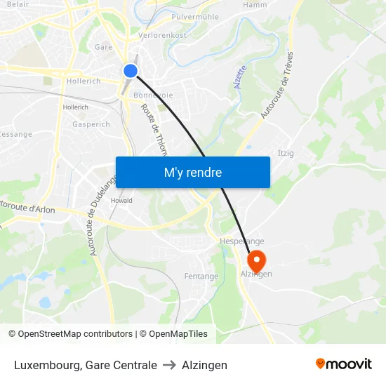 Luxembourg, Gare Centrale to Alzingen map