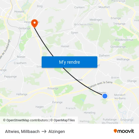 Altwies, Millbaach to Alzingen map