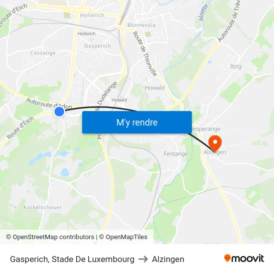 Gasperich, Stade De Luxembourg to Alzingen map