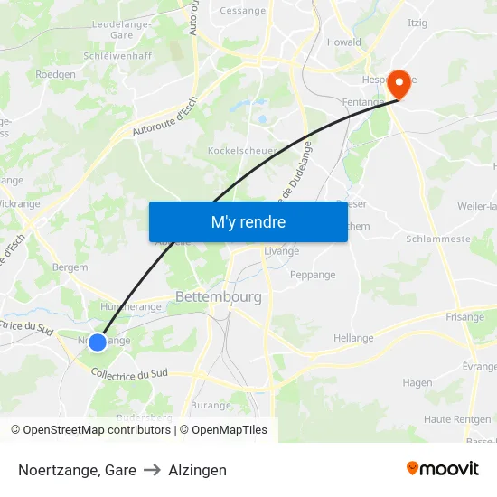 Noertzange, Gare to Alzingen map