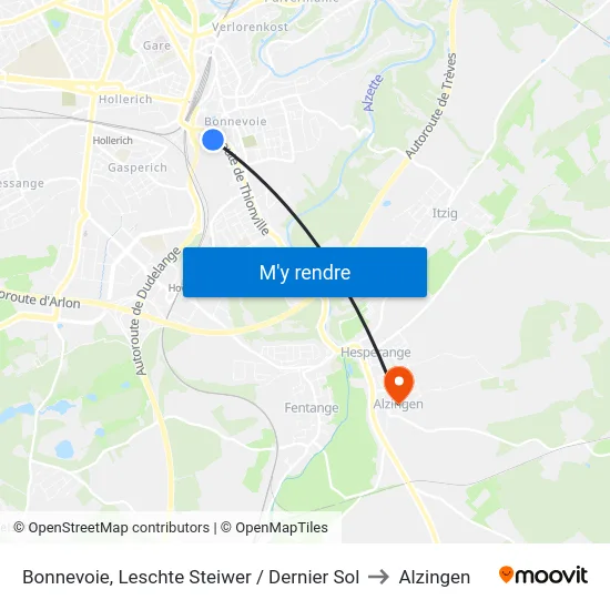 Bonnevoie, Leschte Steiwer / Dernier Sol to Alzingen map