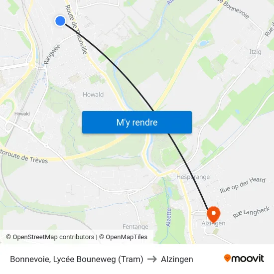 Bonnevoie, Lycée Bouneweg (Tram) to Alzingen map