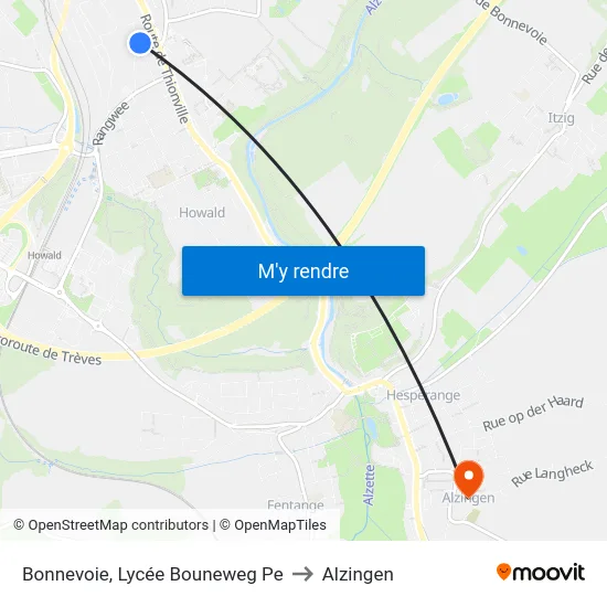 Bonnevoie, Lycée Bouneweg Pe to Alzingen map