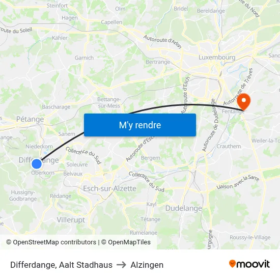 Differdange, Aalt Stadhaus to Alzingen map