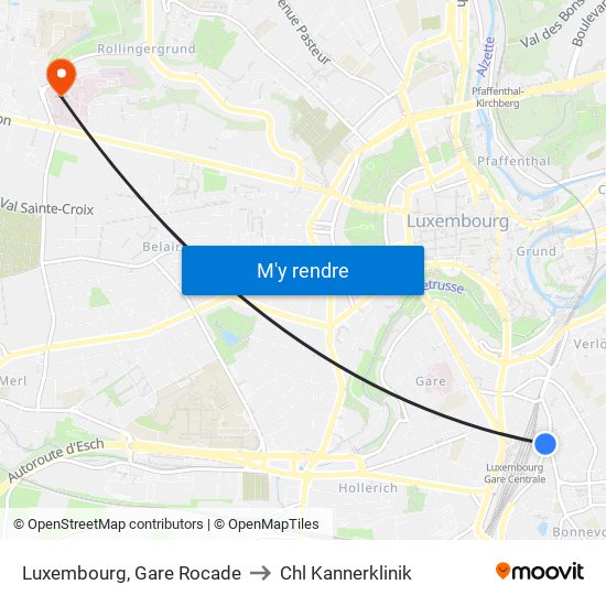 Luxembourg, Gare Rocade to Chl Kannerklinik map