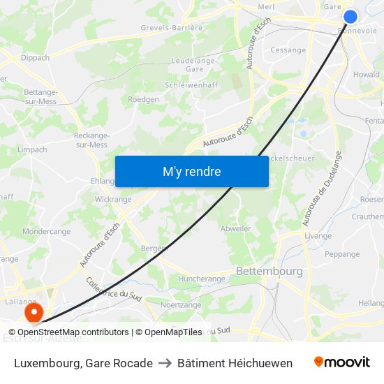 Luxembourg, Gare Rocade to Bâtiment Héichuewen map