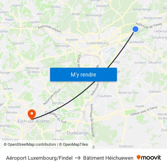 Aéroport Luxembourg/Findel to Bâtiment Héichuewen map