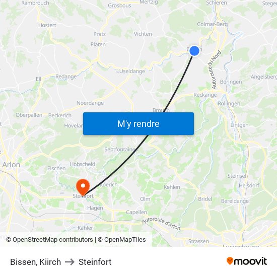 Bissen, Kiirch to Steinfort map