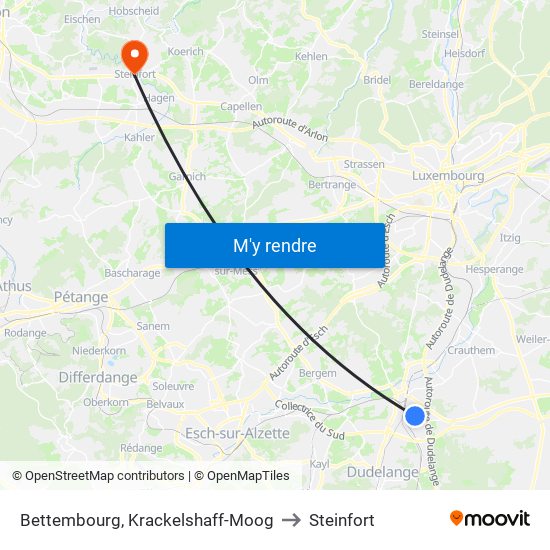 Bettembourg, Krackelshaff-Moog to Steinfort map