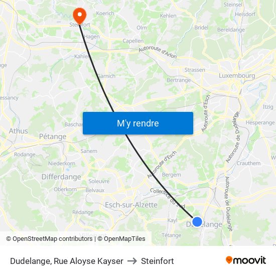 Dudelange, Rue Aloyse Kayser to Steinfort map