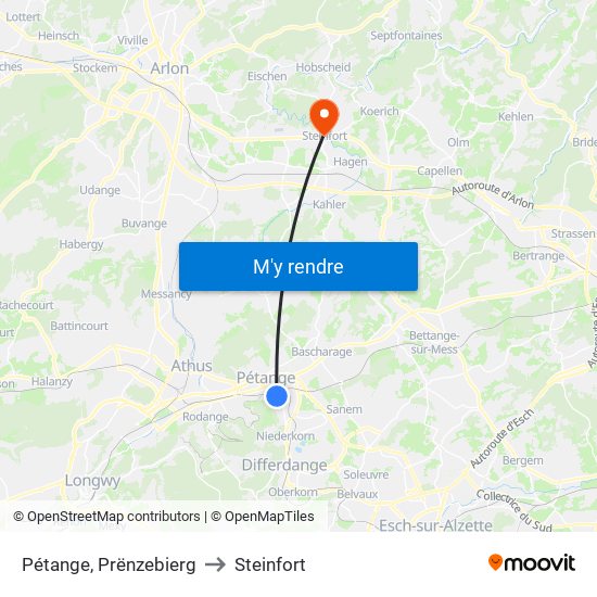 Pétange, Prënzebierg to Steinfort map