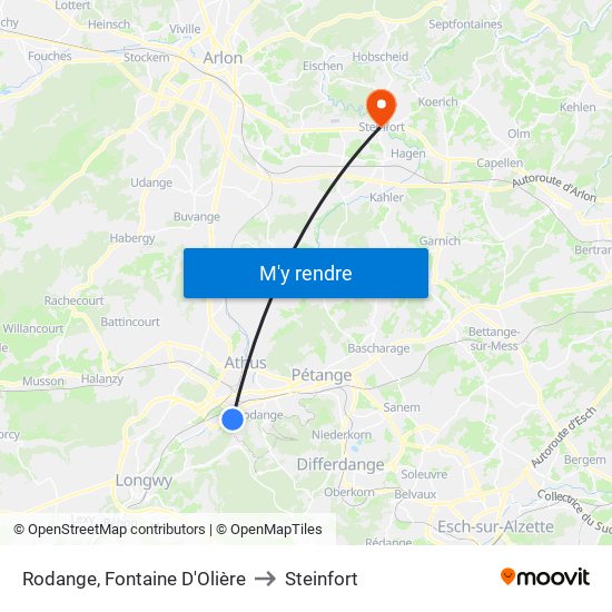Rodange, Fontaine D'Olière to Steinfort map