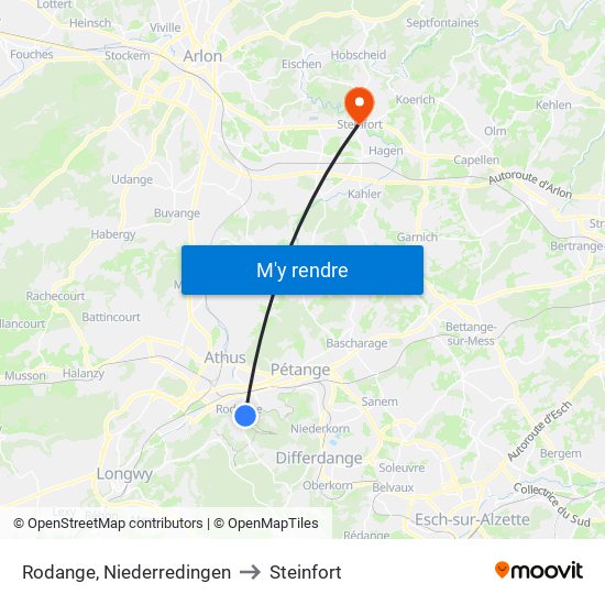 Rodange, Niederredingen to Steinfort map